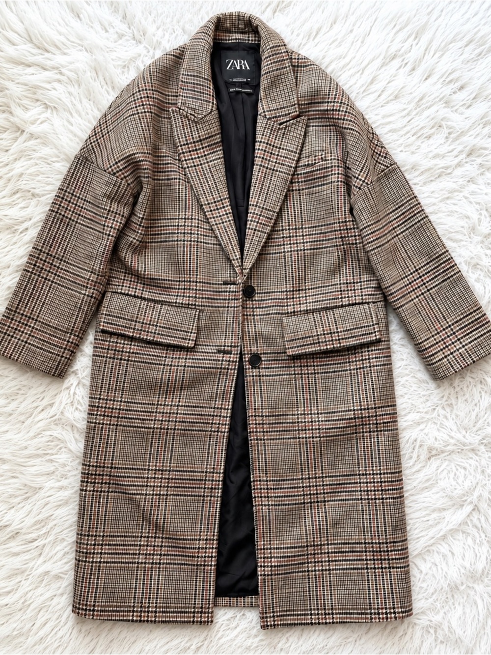 Zara Oversized Plaid Long Coat S Brown Check Drop Shoulder Old Money